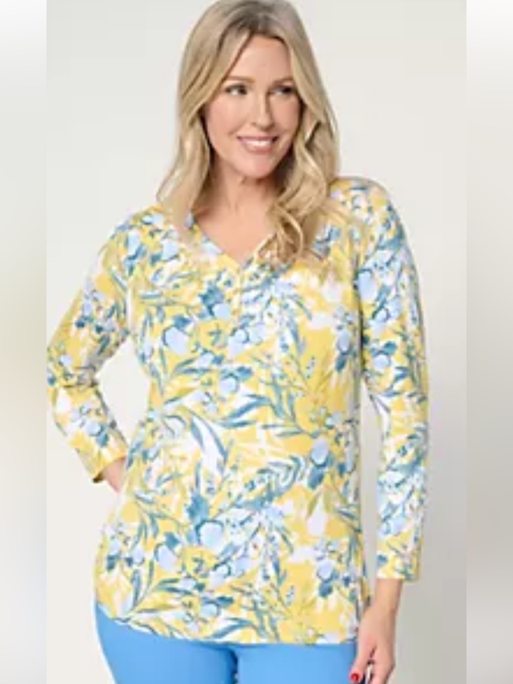 d&Co. Yellow Floral Long-Sleeve Henley Top
